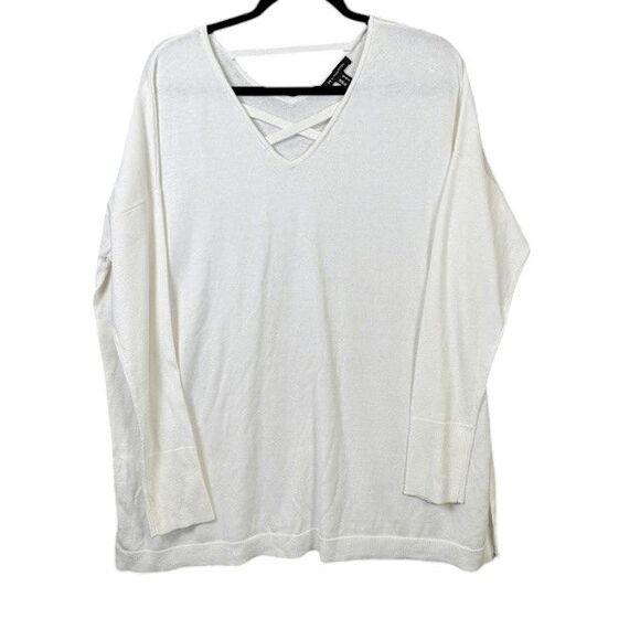 H by Halston Tunic Sweater Criss Cross Neckline Lightweight White Size Medium - Picture 2 of 11